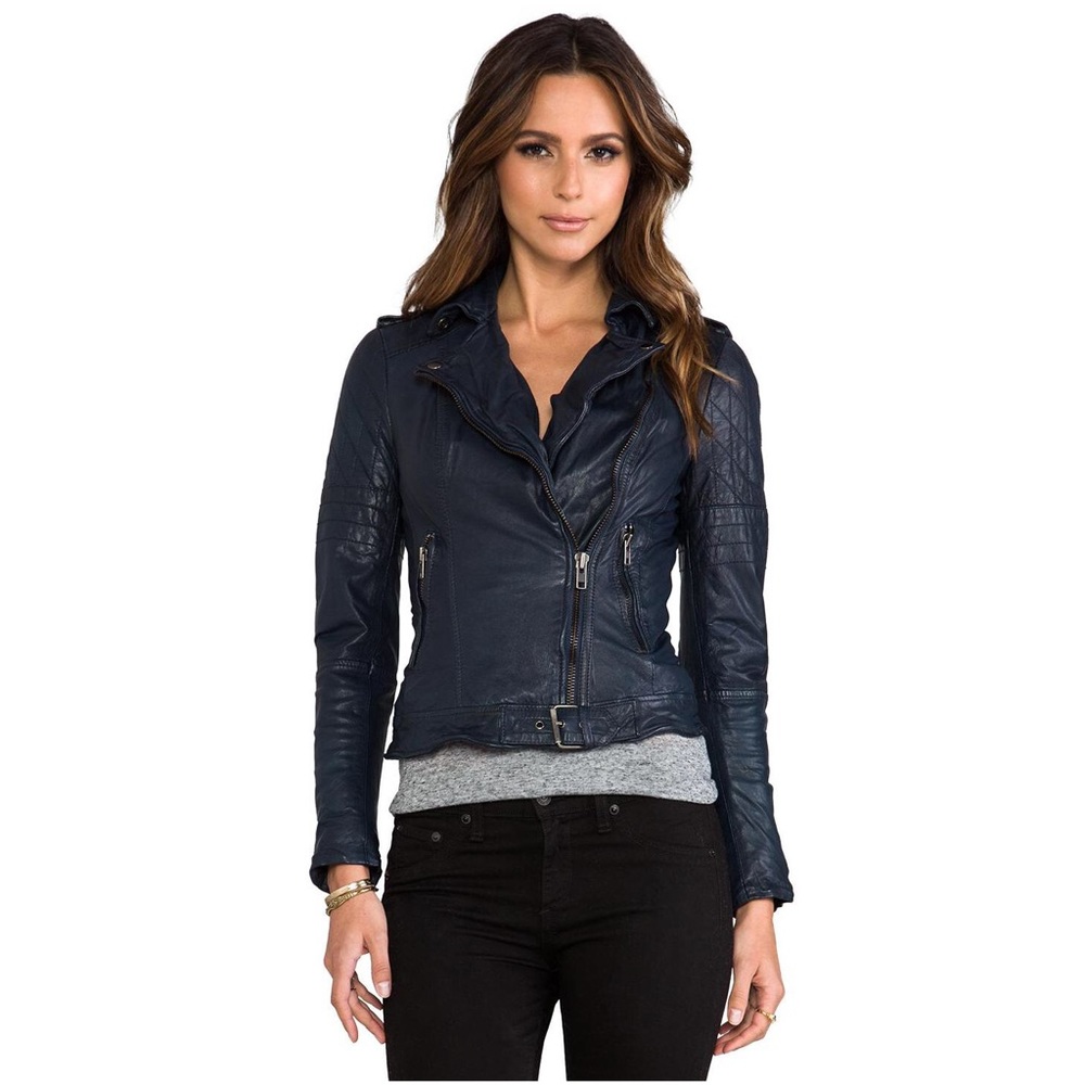 Muubaa Nido Quilted Navy Ink Biker Leather Jacket - Picture 2 of 8